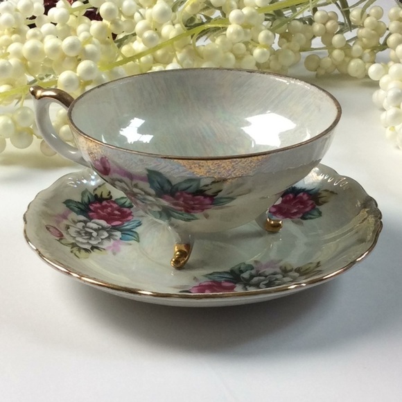 Tea Cup & Saucer Pearl Iridescent Tri-Footed Japan - Picture 11 of 15